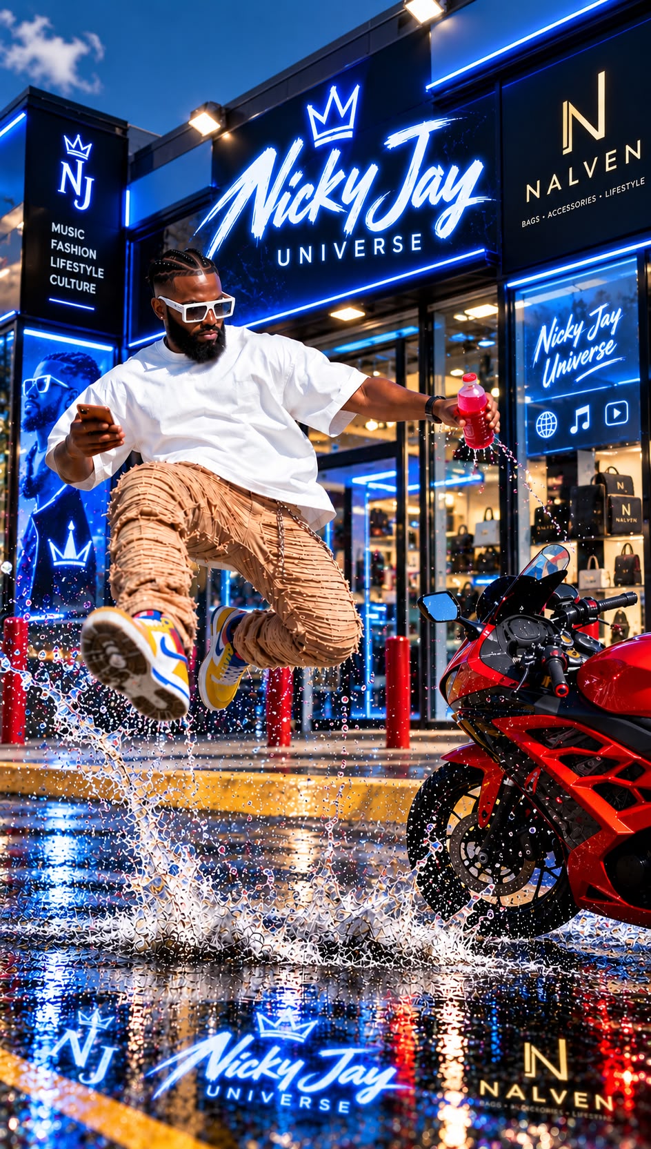 Nicky Jay jumping outside the illuminated Nicky Jay Universe storefront